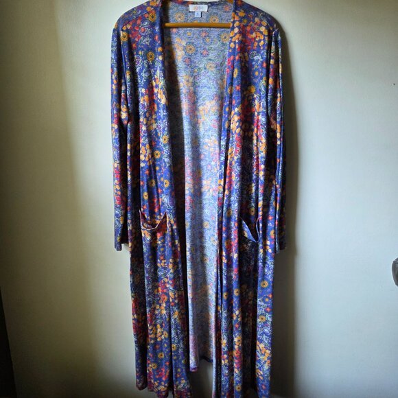 EUC LULAROE FLORAL LONG DUSTER OPEN LINEN BLEND CARDIGAN SIZE XL - Picture 1 of 14